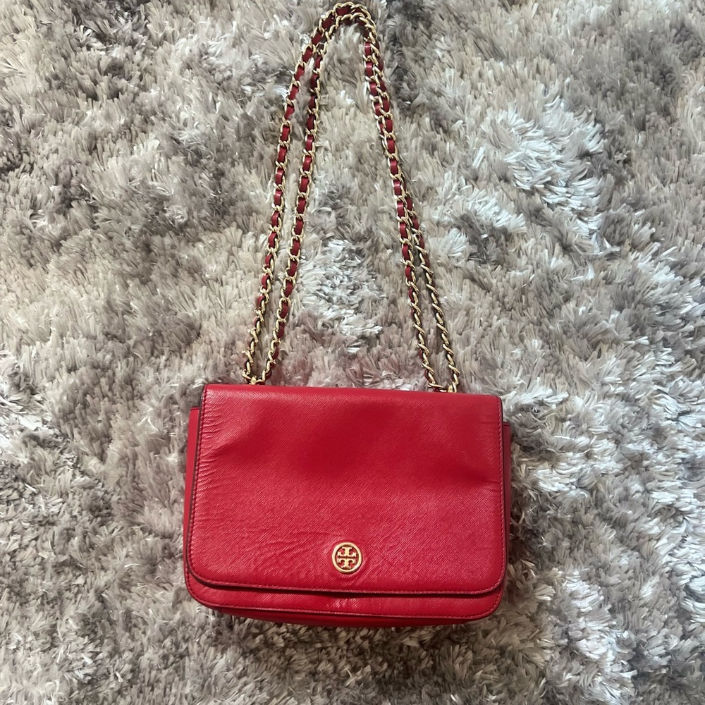 Tory Burch Cherry Red Shoulder Bag with Gold Chain